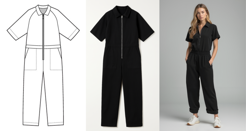 Sketch to Flat Lay to On Model created with Straight Lines Ai - Retail Design Ai or 3D