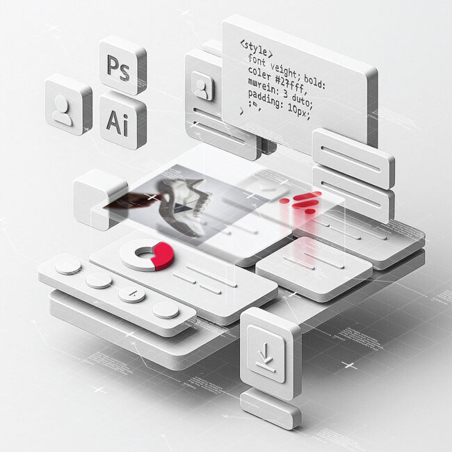 3D-rendered interface showing modular UI blocks, Adobe Illustrator and Photoshop icons, code snippets, data graphs, and a sneaker rendering—illustrating seamless plugin-based design integration.