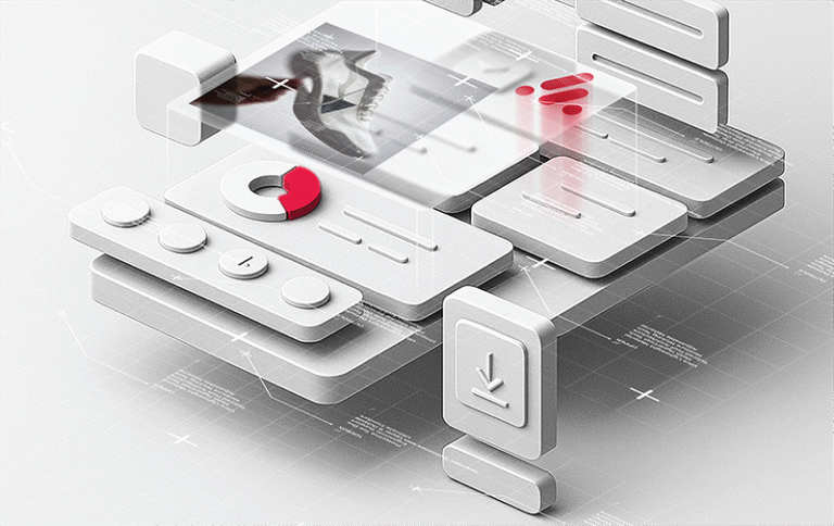 3D-rendered UI components floating in a layered digital space, featuring a sneaker design preview, red pie and bar charts, and download icons—representing integrations for Ai tools, data, analytics, and system integration in a modern tech environment