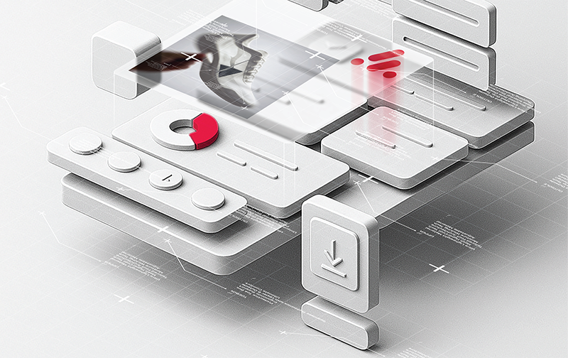 3D-rendered UI components floating in a layered digital space, featuring a sneaker design preview, red pie and bar charts, and download icons—representing integrations for Ai tools, data, analytics, and system integration in a modern tech environment