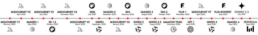 Visual timeline of image and video generation model releases used in multi-model AI platforms for fashion and retail.