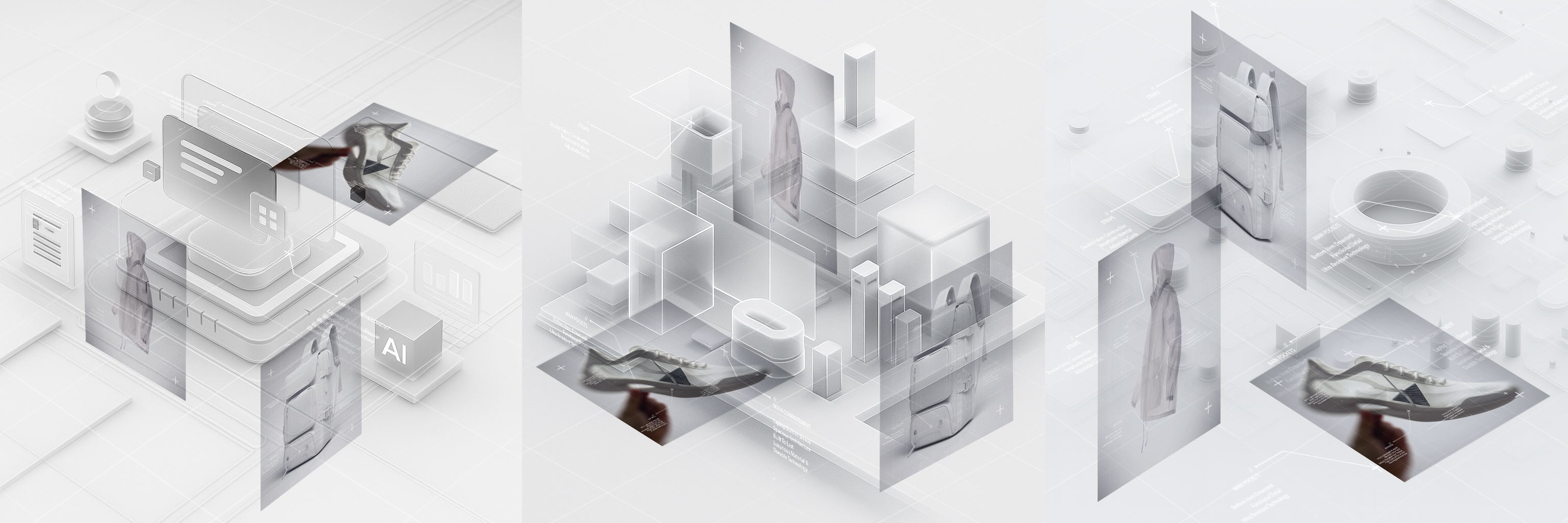 Futuristic 3D UI rendering showing apparel and accessories generated through a connected multi-model AI platform.