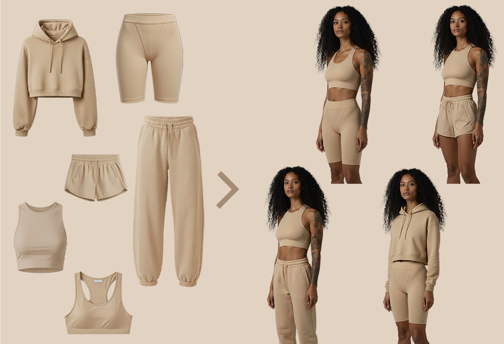 AI-generated activewear collection showing flat apparel pieces and on-model styling variations, created using AI tools for fashion and retail brands.