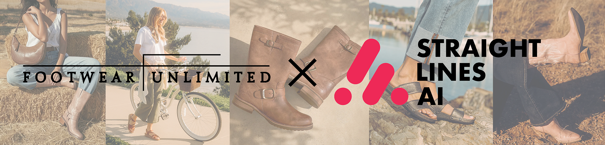 Footwear Unlimited and Straight Lines Ai partnership collage showcasing diverse footwear styles including boots, sandals, and casual shoes with lifestyle imagery